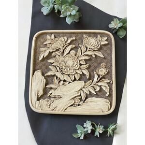 Ivory Dynasty TM Arnart Carved Trinket Box flowers Brown Inside Lining 1982